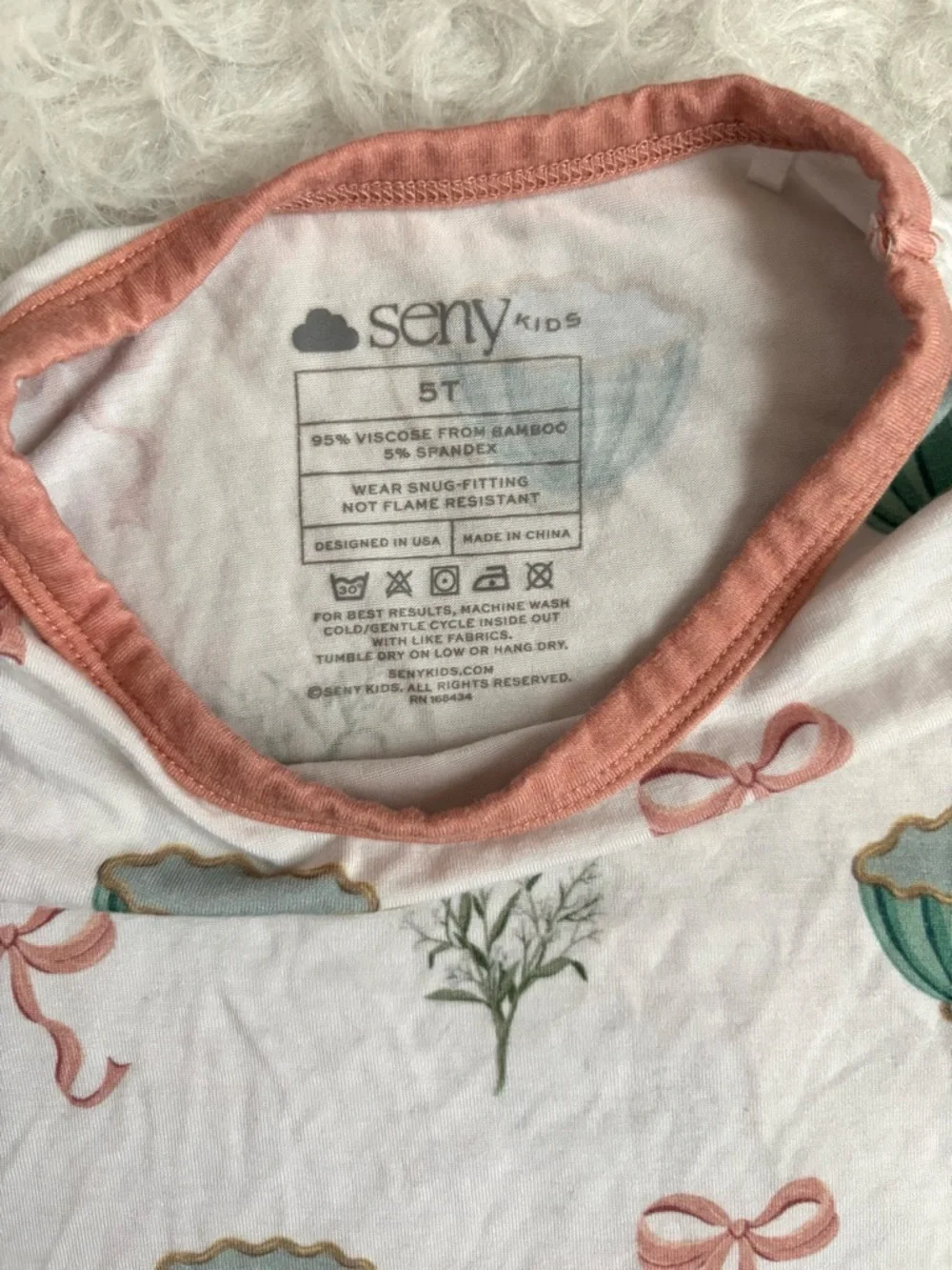 Seny Kids Bamboo Feminine Pajama Set in White with Teal Cup & Pink Bow AOP